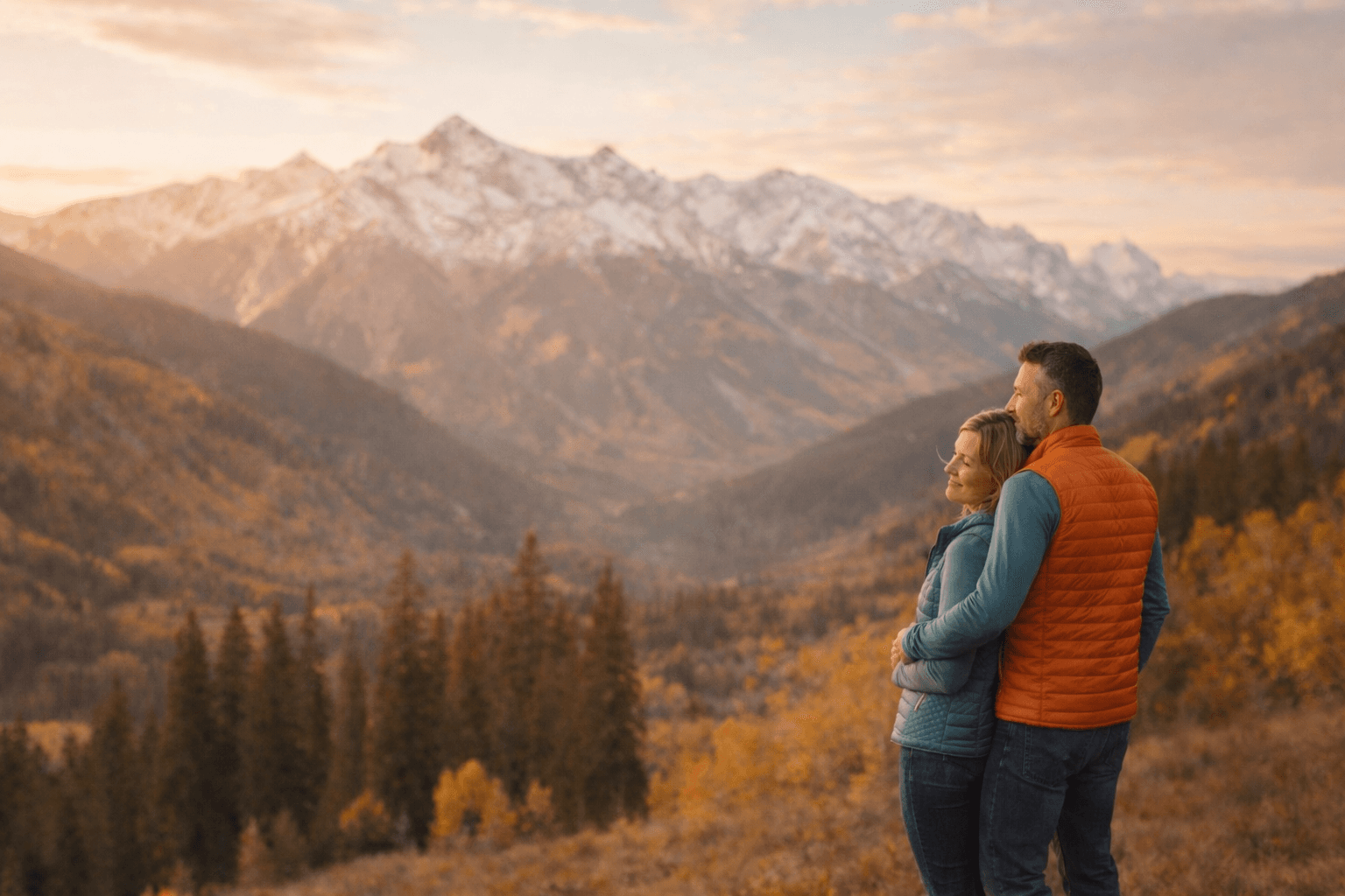 Couple outdoors enjoying mountain scenery